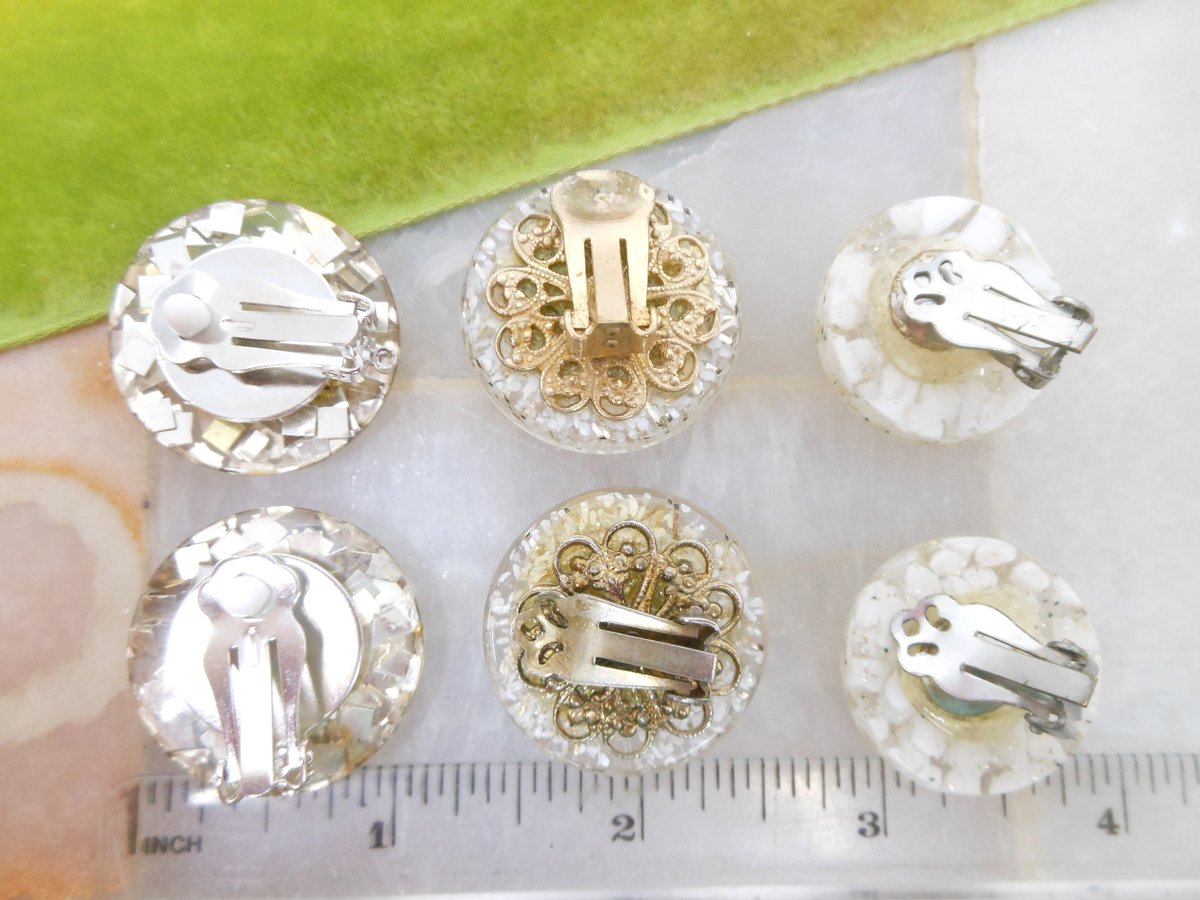 Vintage LOT 5 Confetti Earrings Lucite Old Plastic Resin Clip On Glitter Tinsel Purple Gold Destash Mid Century Jewelry, VivianJoel.com