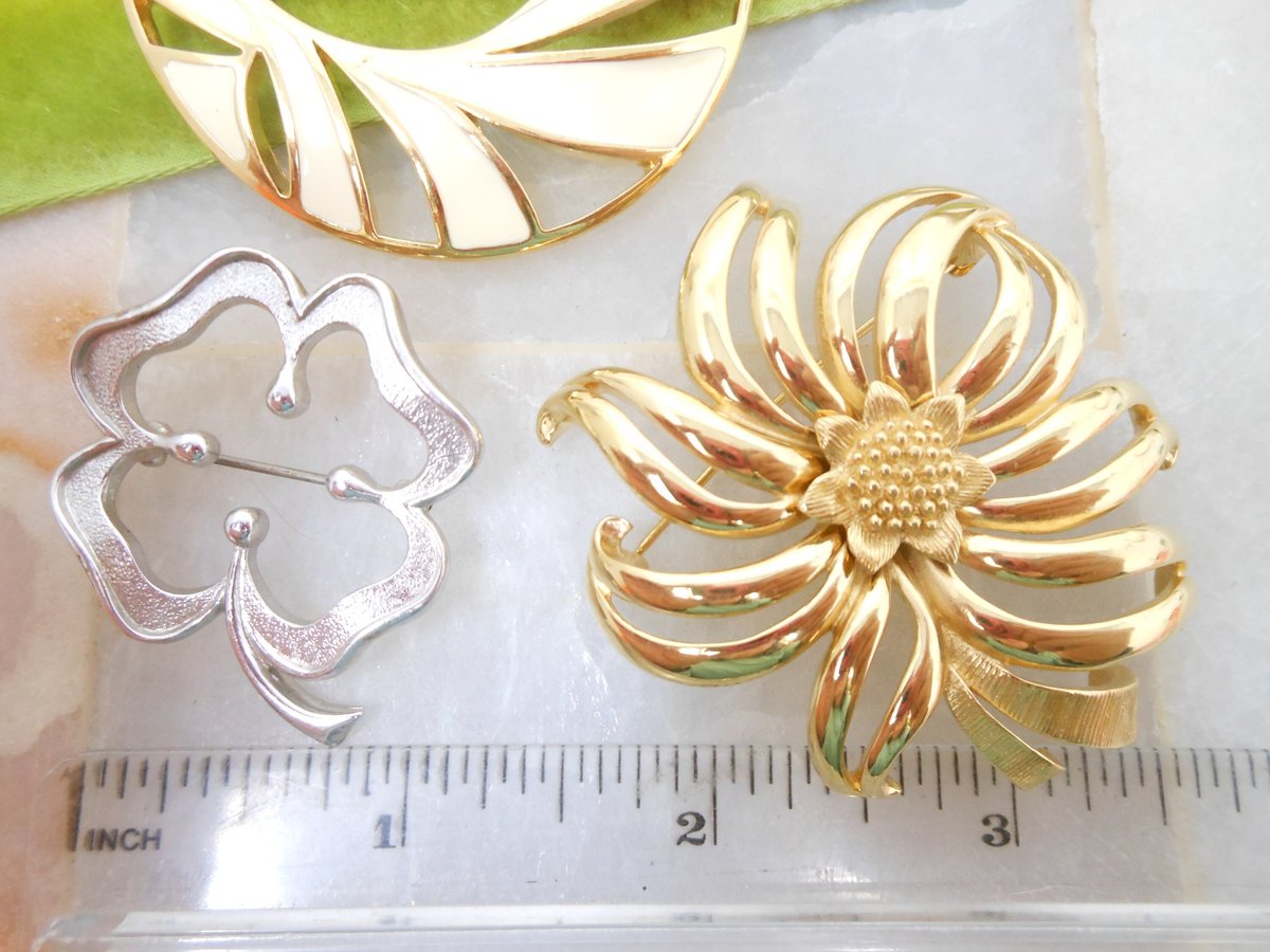 Vintage LOT 3 MONET Designer Brooch Gold Plate Classic Timeless Collection Flower Clover Moon Jewelry Gift Mid Century, VivianJoel.com