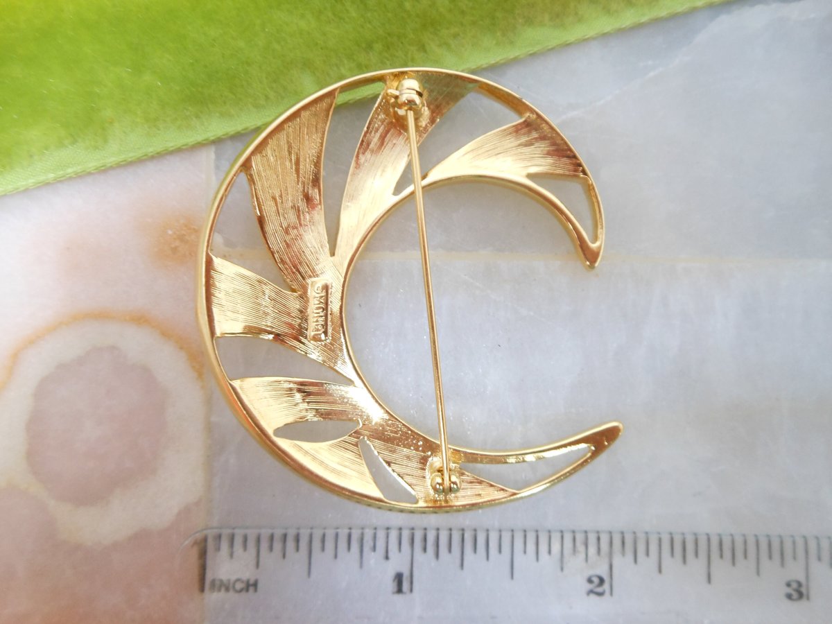 Vintage LOT 3 MONET Designer Brooch Gold Plate Classic Timeless Collection Flower Clover Moon Jewelry Gift Mid Century, VivianJoel.com