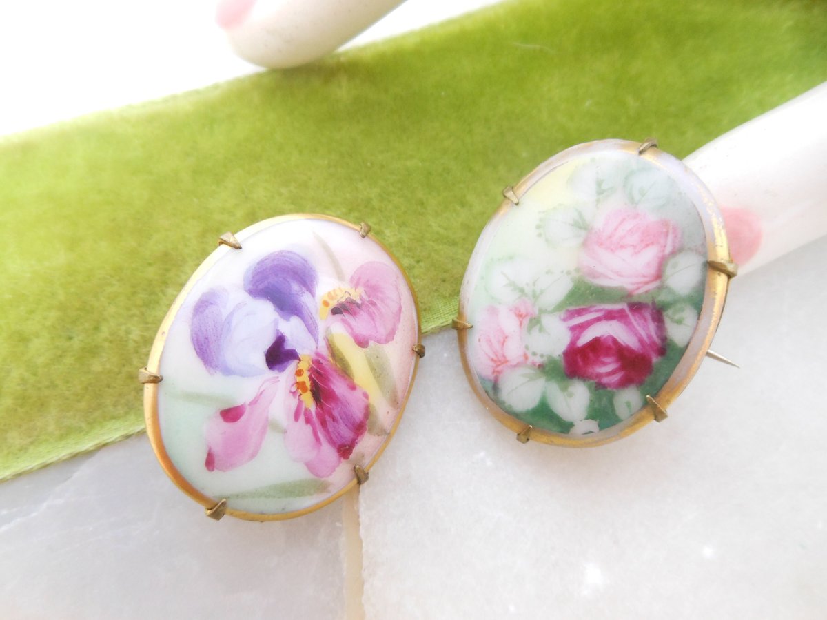 Vintage LOT 2 Victorian Pin Gilt Brooch Hand Painted Pink Red Rose Flower Purple Iris Mid Century Jewelry Gift, VivianJoel.com