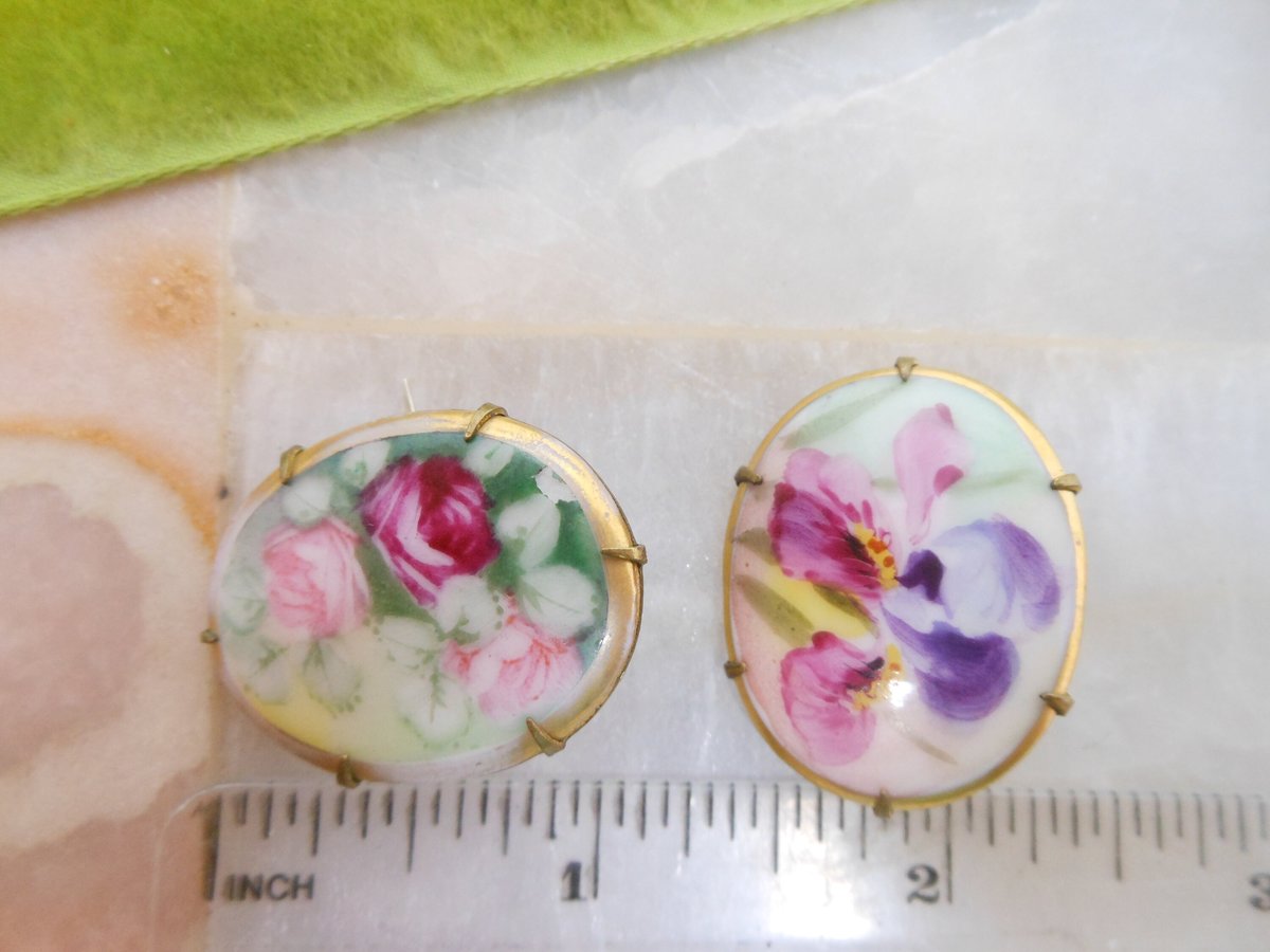 Vintage LOT 2 Victorian Pin Gilt Brooch Hand Painted Pink Red Rose Flower Purple Iris Mid Century Jewelry Gift, VivianJoel.com