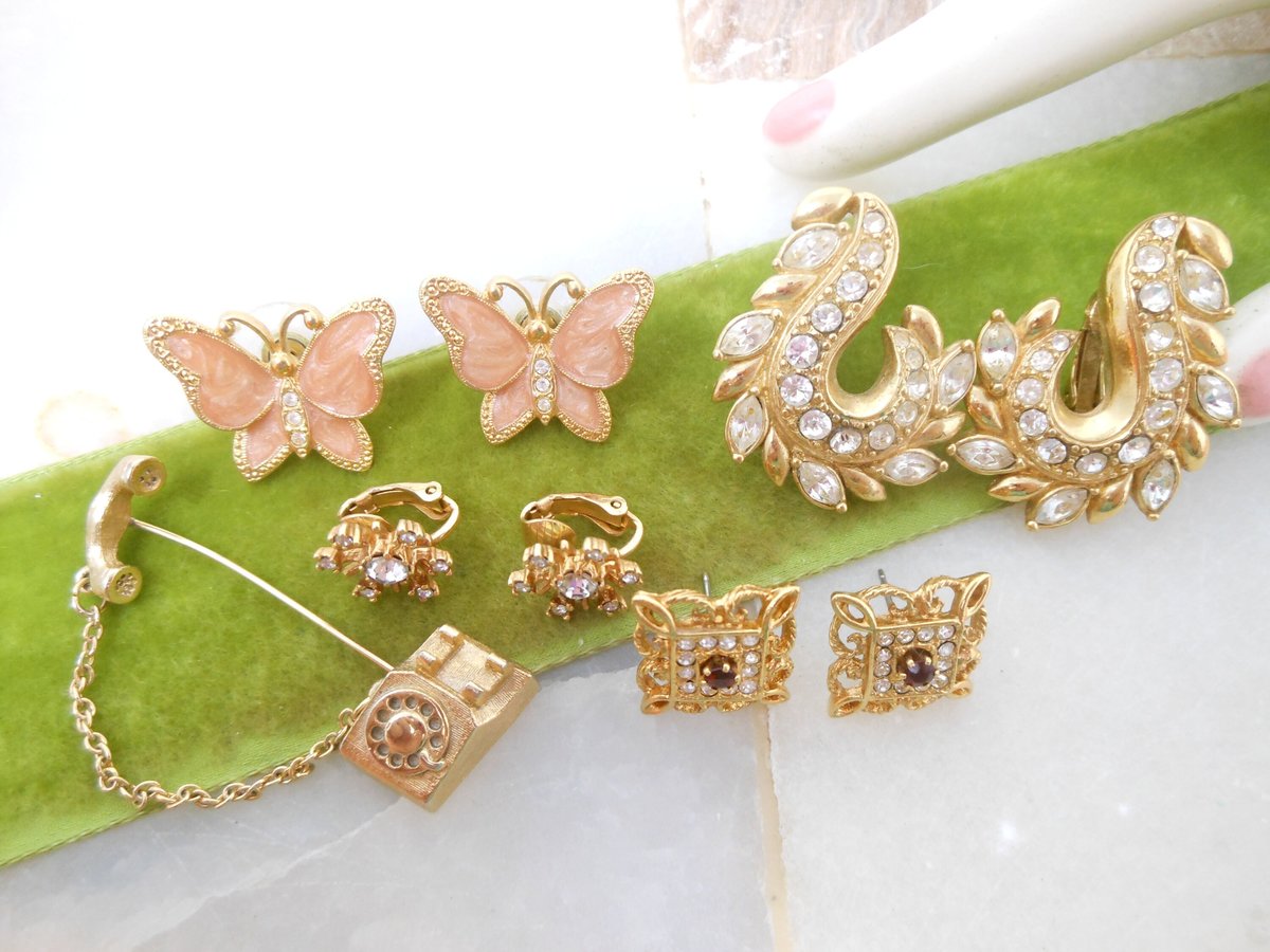 Vintage AVON LOT 5 Earrings Lapel Pin Rhinestone Clip On Pierced Post Snowflake Butterfly Designer Jewelry Gift, VivianJoel.com