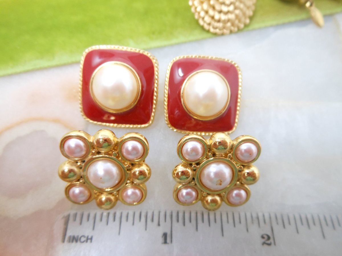 Vintage MONET LOT 4 Designer Earrings Clip On Red Enamel Faux Pearl Gold Plate Dangle Drop Classic Jewelry Gift Mid Century, VivianJoel.com
