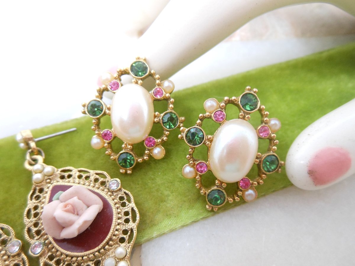 Vintage LOT 2 Designer 1928 Pierced Earrings Mogul Pearl Pink Rose Dangle Drop Rhinestone Victorian Revival Jewelry Gift, VivianJoel.com