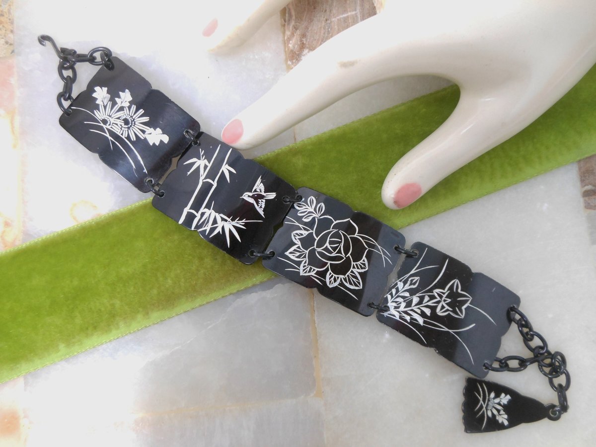 Vintage Etched Flower Bracelet Wide Black Enamel Link Asian Theme Unique Mid Century, VivianJoel.com