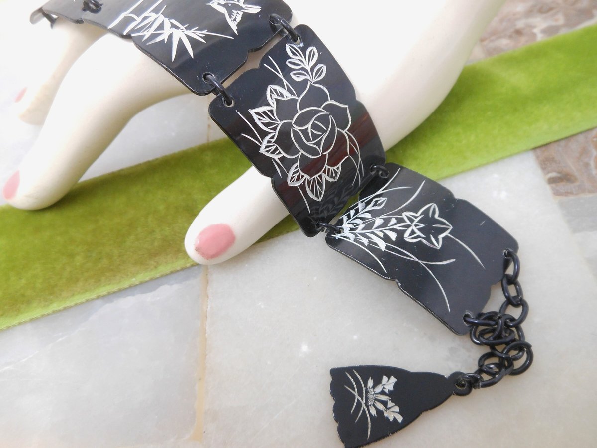 Vintage Etched Flower Bracelet Wide Black Enamel Link Asian Theme Unique Mid Century, VivianJoel.com