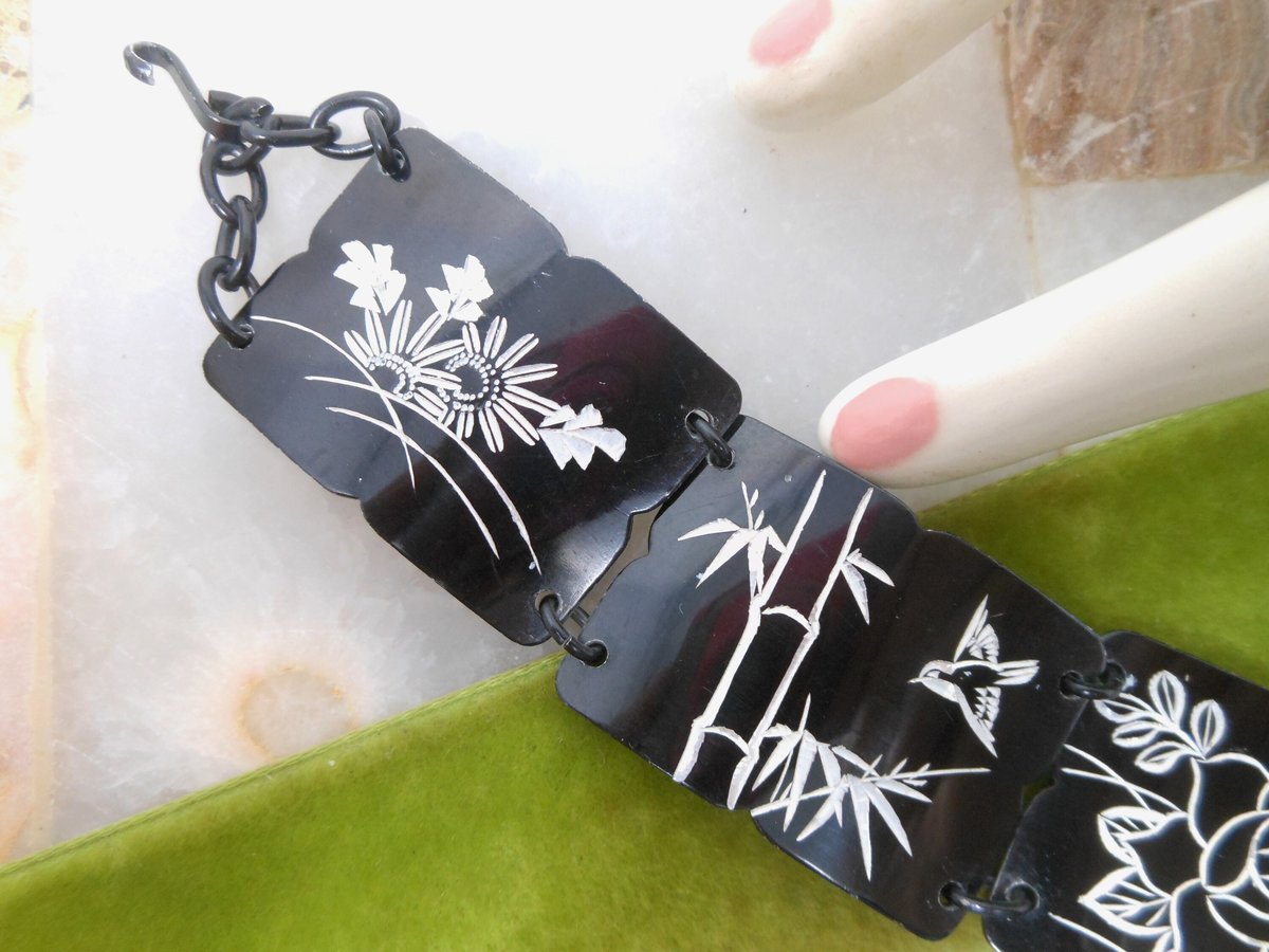 Vintage Etched Flower Bracelet Wide Black Enamel Link Asian Theme Unique Mid Century, VivianJoel.com