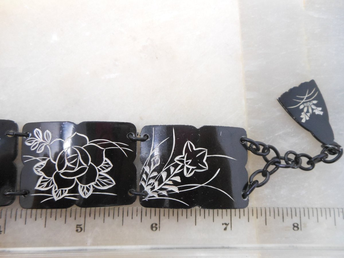 Vintage Etched Flower Bracelet Wide Black Enamel Link Asian Theme Unique Mid Century, VivianJoel.com