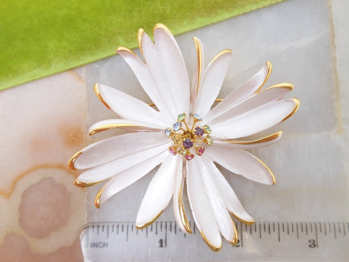 Vintage PARK LANE Brooch Earrings Set Atomic Rhinestone Enamel Flower Pin Clip On Designer Jewelry Gift Mid Century, VivianJoel.com