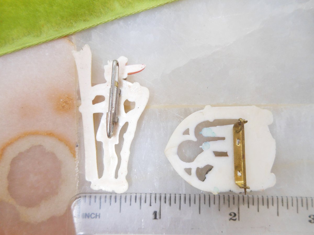 Vintage LOT 2 Skier Lederhosen Pin Octoberfest Brooch Celluloid Old Plastic Kitschy Bakelite ERA Mid Century Figural Jewelry, VivianJoel.com