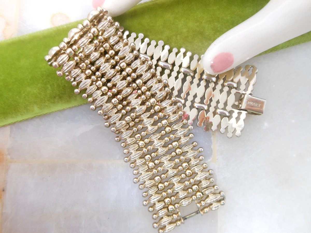 Vintage MONET Book Piece "Minaret" Wide 18 Link Bracelet Pale Gold Tone 1956 Designer Mid Century Etruscan Jewelry Gift, VivianJoel.com