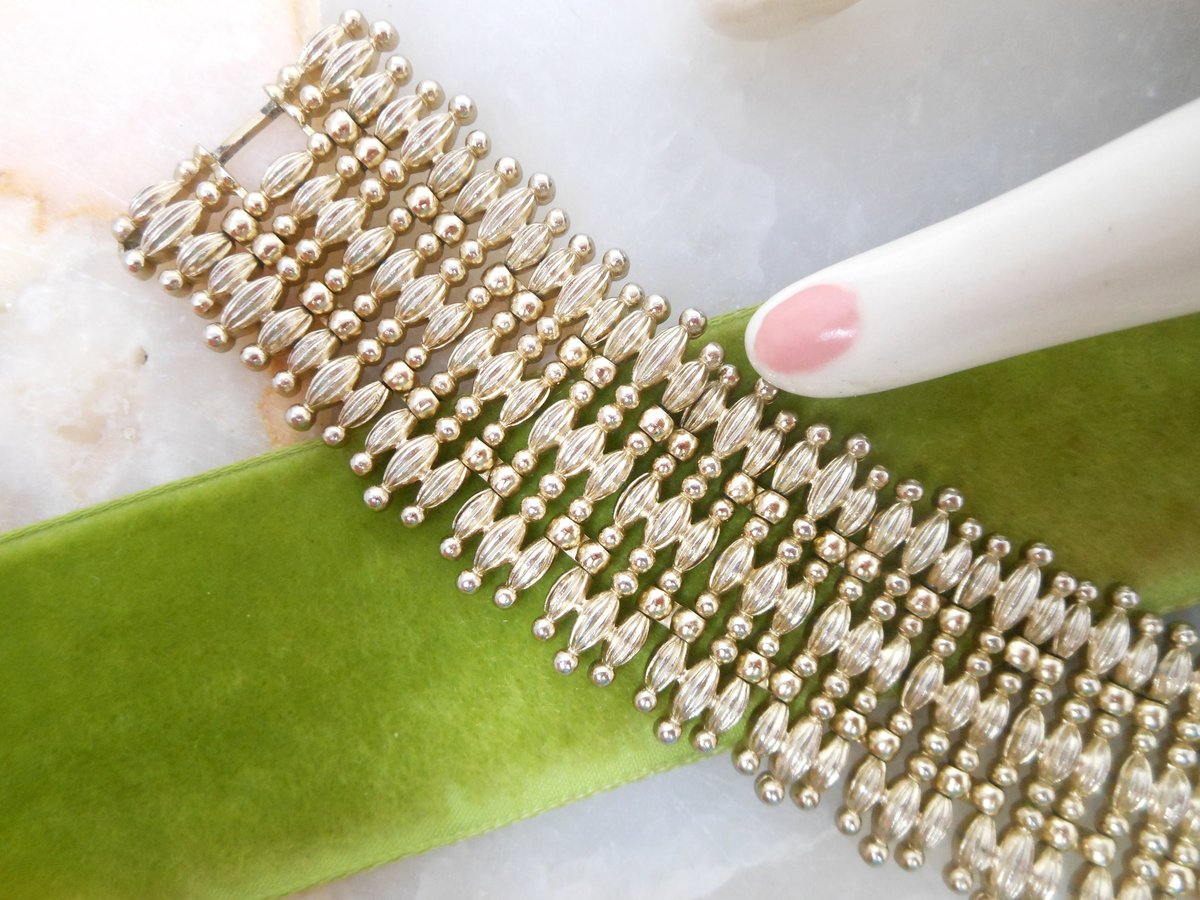 Vintage MONET Book Piece "Minaret" Wide 18 Link Bracelet Pale Gold Tone 1956 Designer Mid Century Etruscan Jewelry Gift, VivianJoel.com