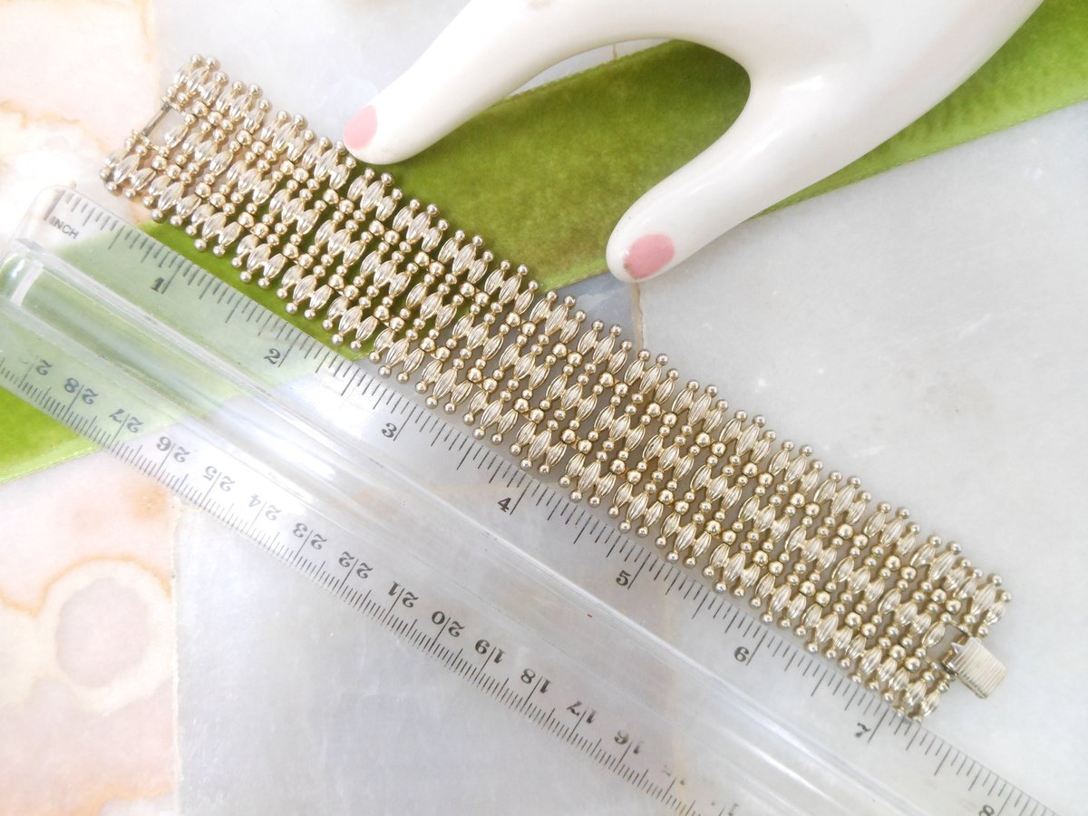 Vintage MONET Book Piece "Minaret" Wide 18 Link Bracelet Pale Gold Tone 1956 Designer Mid Century Etruscan Jewelry Gift, VivianJoel.com