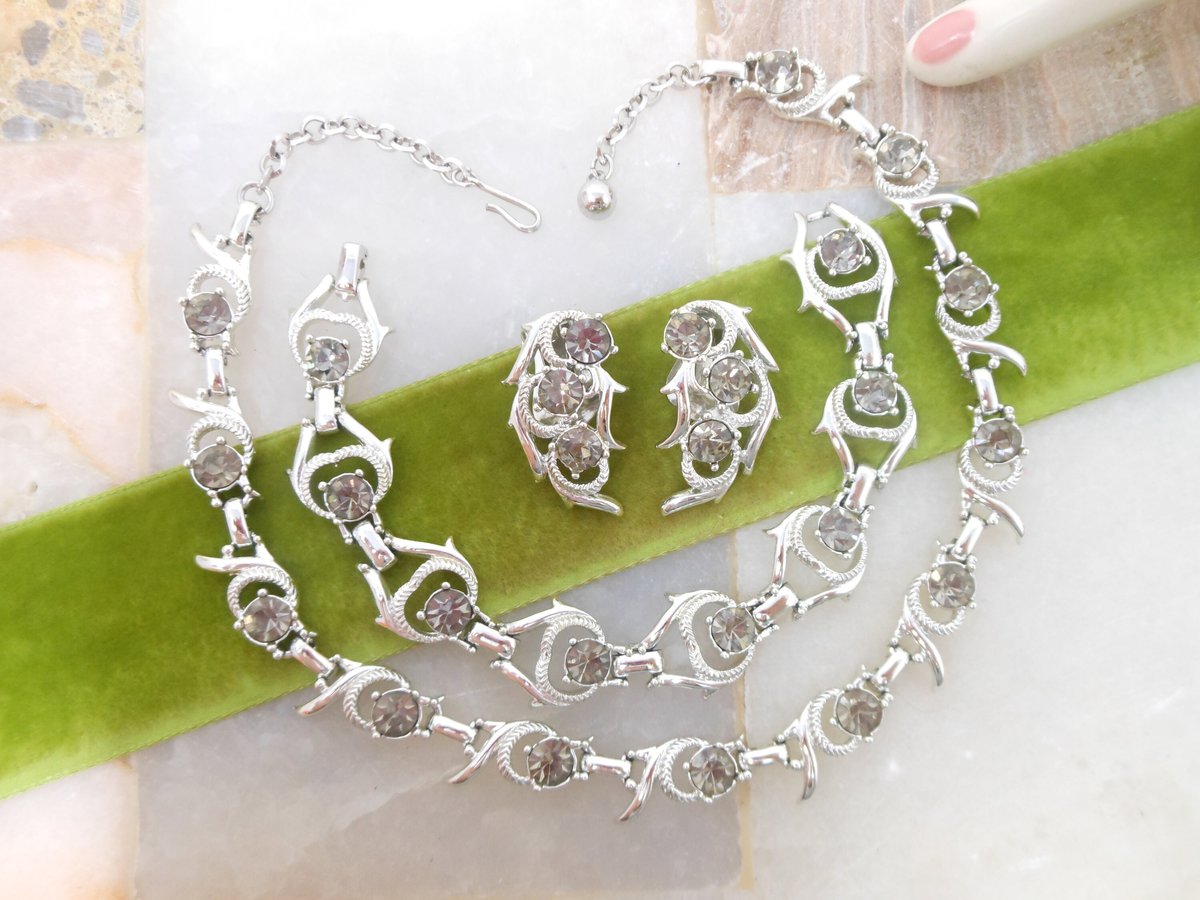 Vintage SARAH COVENTRY Parure Necklace Bracelet Earrings Set Gray Rhinestone Cool Surrender Mid Century Designer Jewelry, VivianJoel.com