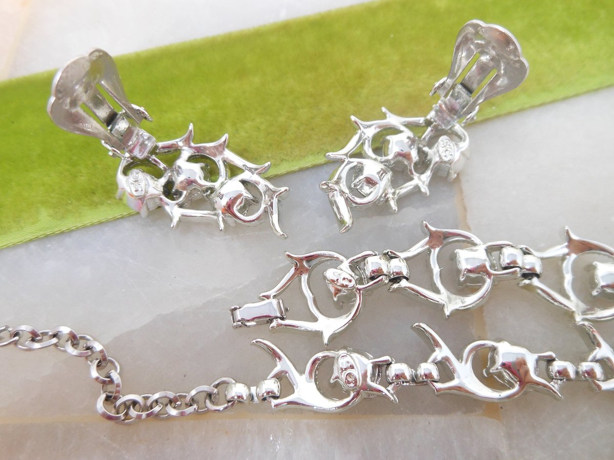 Vintage SARAH COVENTRY Parure Necklace Bracelet Earrings Set Gray Rhinestone Cool Surrender Mid Century Designer Jewelry, VivianJoel.com