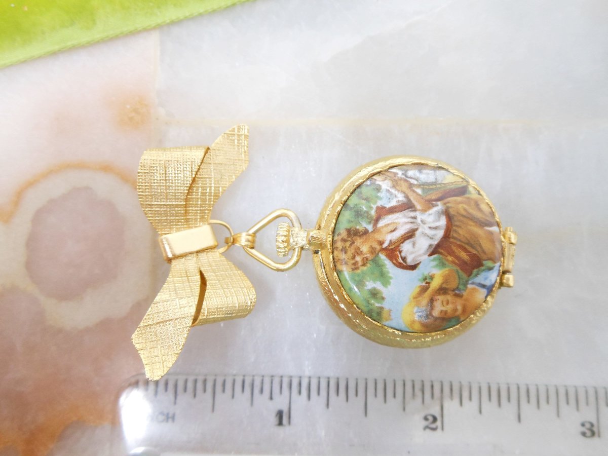 Vintage Victorian Revival Locket Brooch Pill Box Trinket Dangle Fob Courting Couple Mid Century Jewelry Original Box Gift, VivianJoel.com