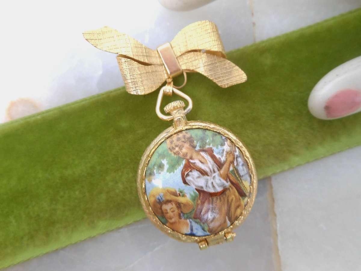 Vintage Victorian Revival Locket Brooch Pill Box Trinket Dangle Fob Courting Couple Mid Century Jewelry Original Box Gift, VivianJoel.com