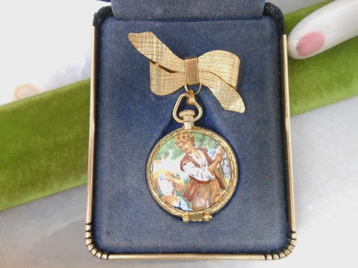 Vintage Victorian Revival Locket Brooch Pill Box Trinket Dangle Fob Courting Couple Mid Century Jewelry Original Box Gift, VivianJoel.com