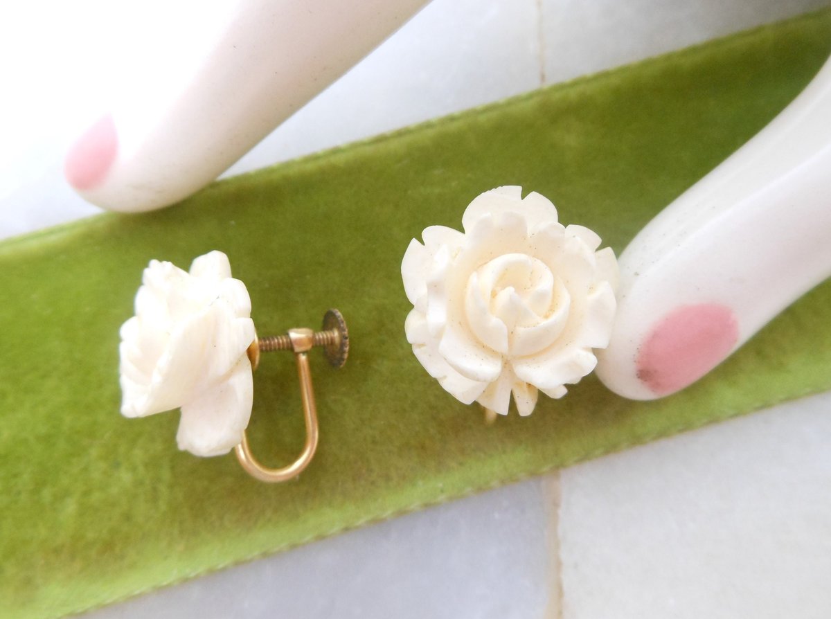 Vintage Rose Gold Fill Earrings Screw Back Carved Flower GF Flower Wedding Jewelry Gift Mid Century, VivianJoel.com