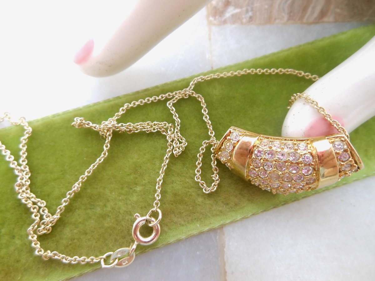 Vintage ROMAN Glamour Slide Pendant Necklace Clear Ice Rhinestone Gold Plate Designer Jewelry Gift, VivianJoel.com