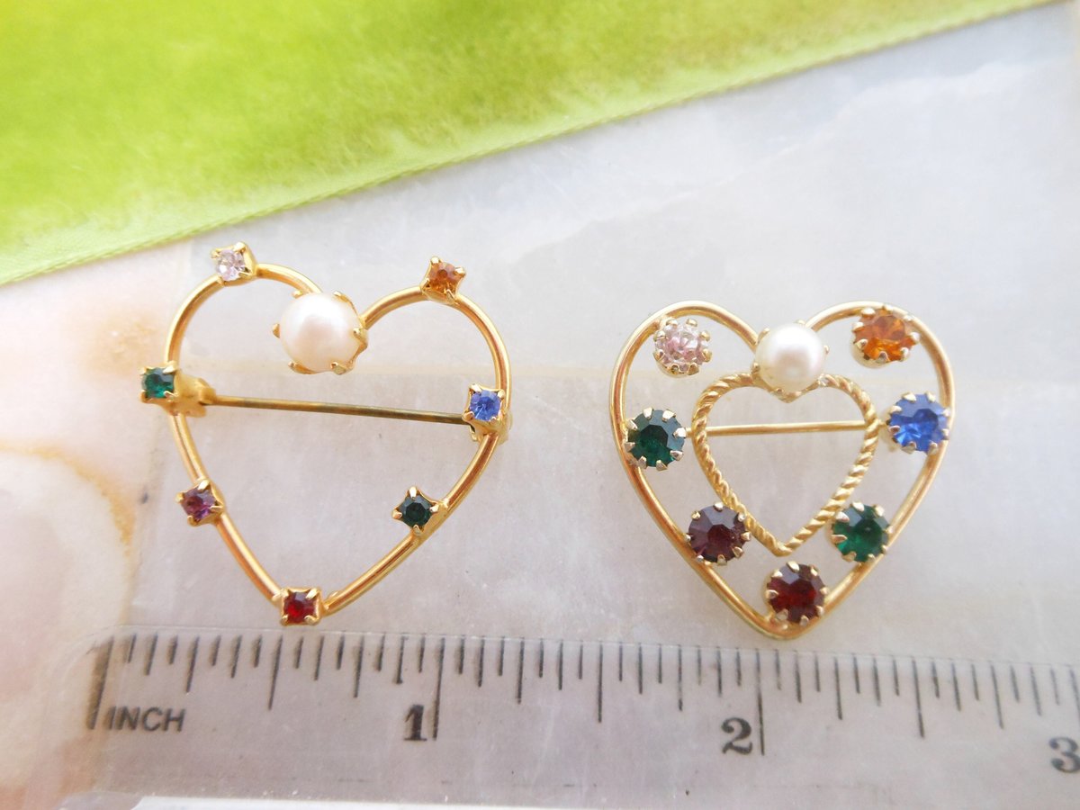 Vintage LOT 2 Rhinestone Heart Pin Faux Pearl Fruit Salad Brooch Valentine Petite Gift Jewelry Mid Century, VivianJoel.com