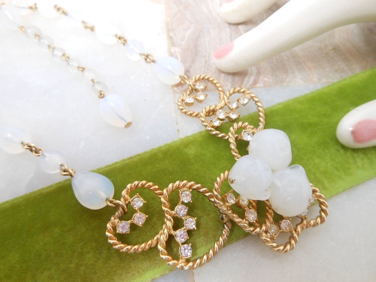 Vintage JULIO MARSELLA Opaline Necklace Glass Bead Crystal Flower Rhinestone Designer Mid Century Jewelry Wedding Bride Gift, VivianJoel.com