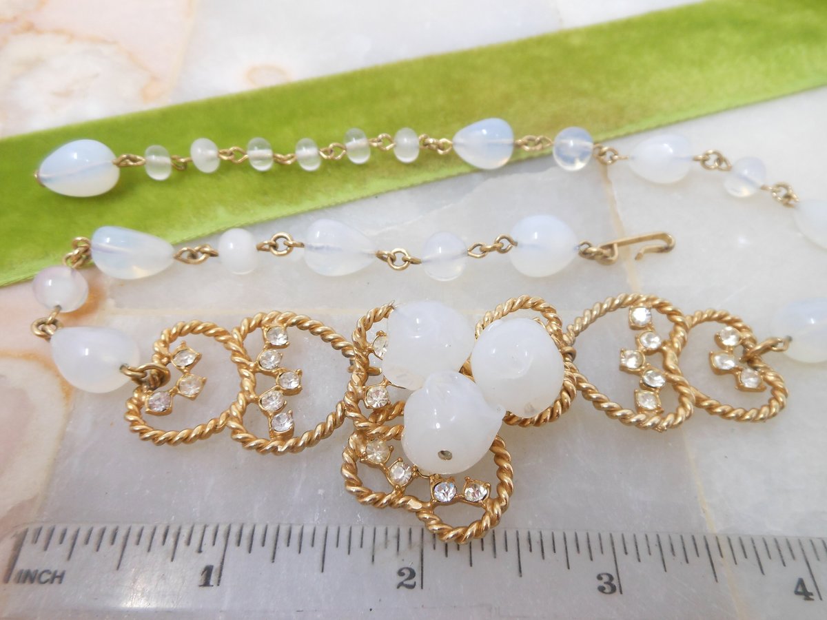 Vintage JULIO MARSELLA Opaline Necklace Glass Bead Crystal Flower Rhinestone Designer Mid Century Jewelry Wedding Bride Gift, VivianJoel.com