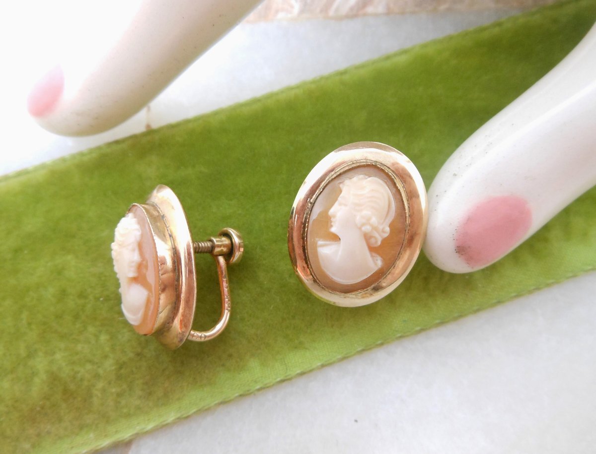 Vintage AMCO Cameo Earrings True Carved Shell Gold Filled GF Screw Back Dainty Jewelry Designer Mid Century Gift, VivianJoel.com