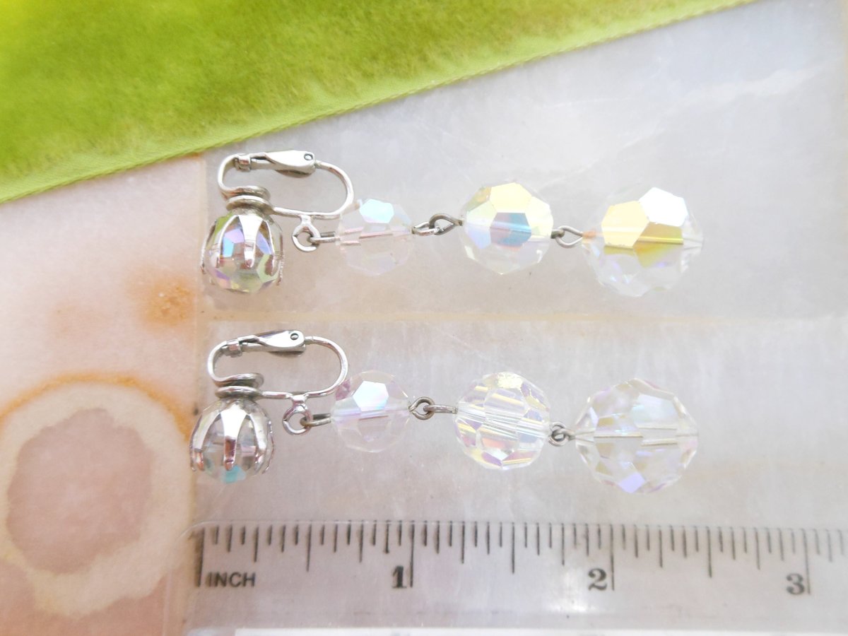 Vintage Chandelier Crystal Earrings Aurora Borealis Dangle Drop Clip On Disco Hollywood Prom Glam Mid Century Jewelry, VivianJoel.com