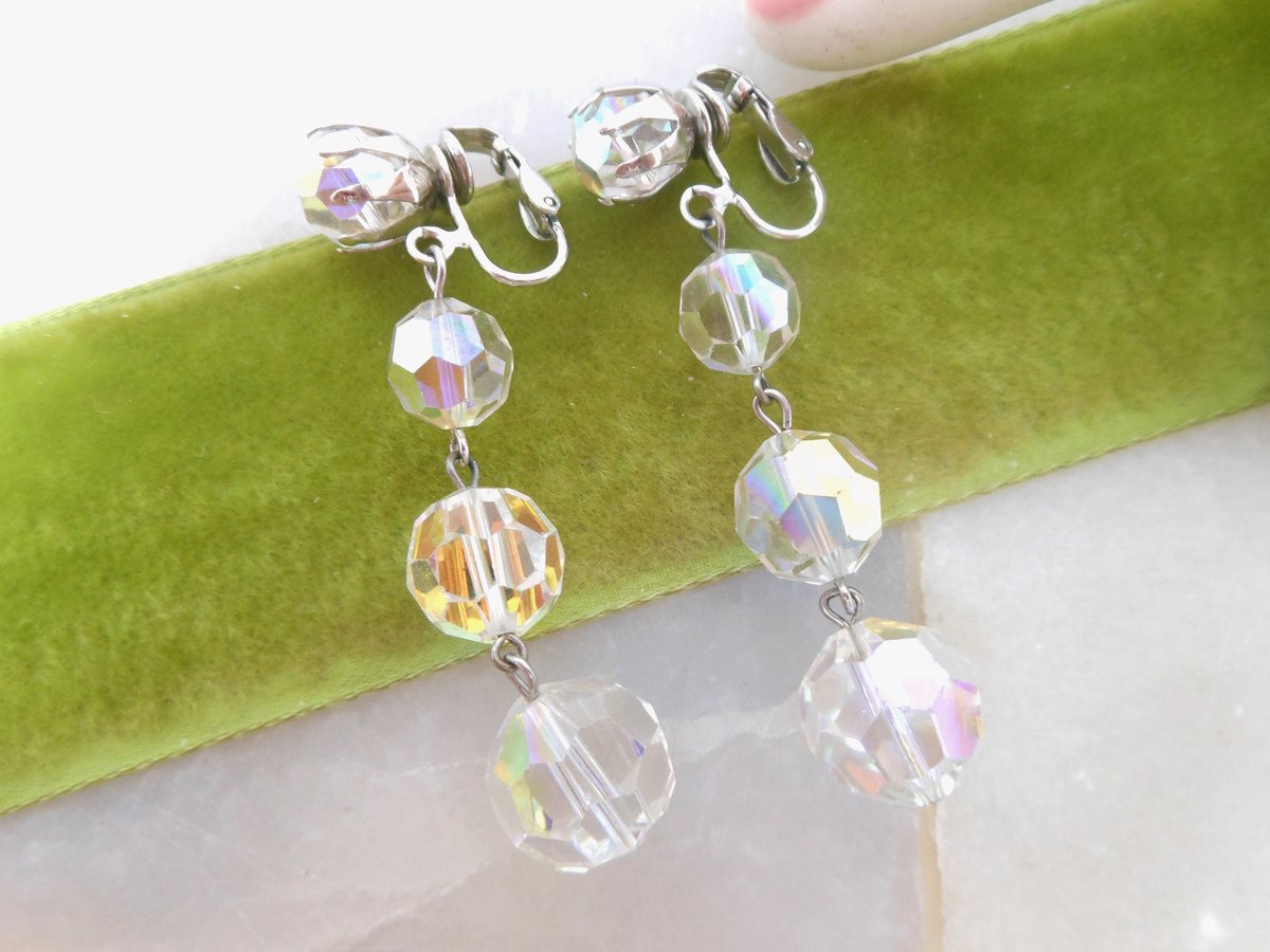Vintage Chandelier Crystal Earrings Aurora Borealis Dangle Drop Clip On Disco Hollywood Prom Glam Mid Century Jewelry, VivianJoel.com