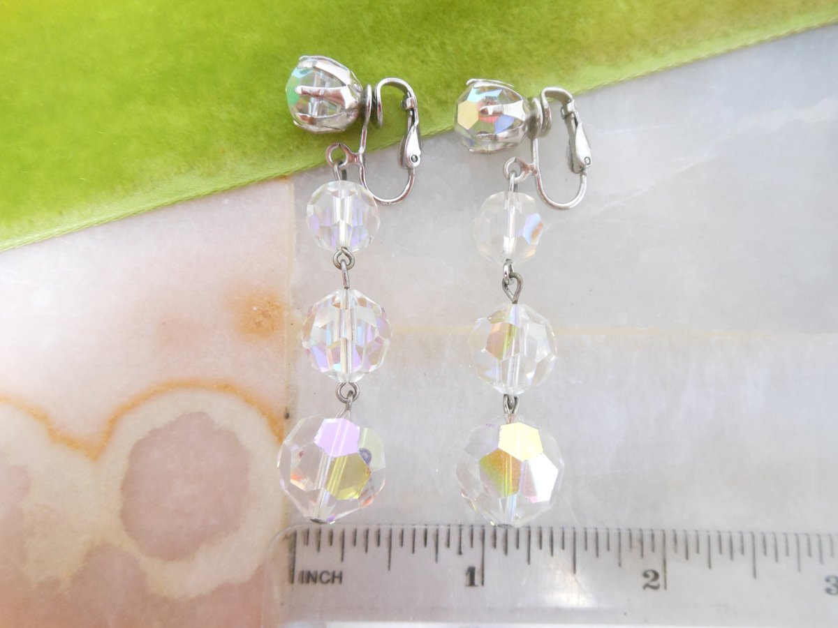 Vintage Chandelier Crystal Earrings Aurora Borealis Dangle Drop Clip On Disco Hollywood Prom Glam Mid Century Jewelry, VivianJoel.com