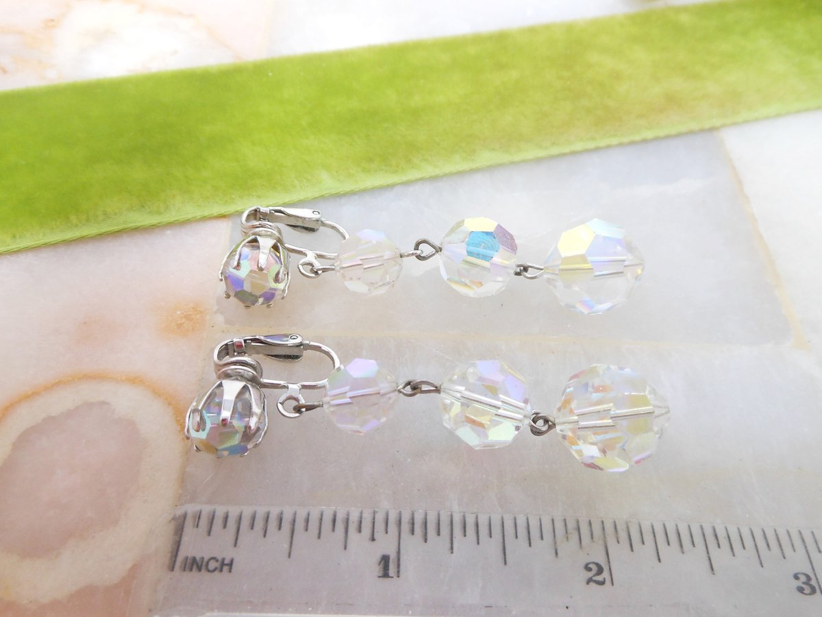 Vintage Chandelier Crystal Earrings Aurora Borealis Dangle Drop Clip On Disco Hollywood Prom Glam Mid Century Jewelry, VivianJoel.com
