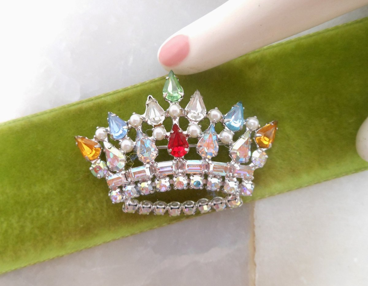 Vintage B DAVID Princess Brooch Crown Pin Rhinestone Pearl Designer Ornate Gift Jewelry Mid Century, VivianJoel.com