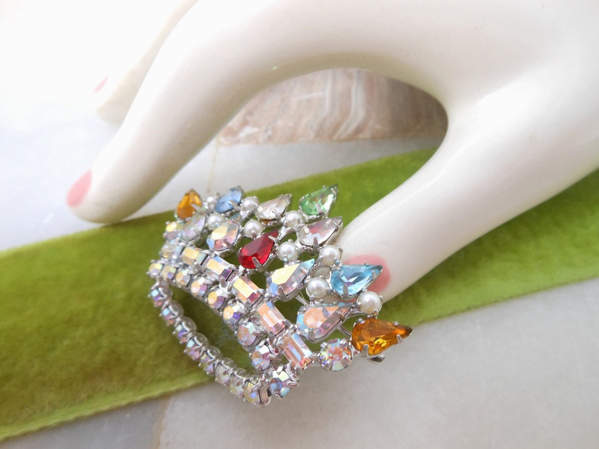 Vintage B DAVID Princess Brooch Crown Pin Rhinestone Pearl Designer Ornate Gift Jewelry Mid Century, VivianJoel.com