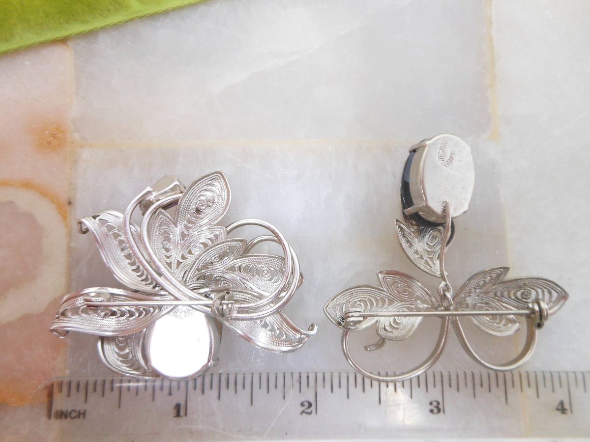 Vintage WEST GERMANY LOT 2 Crystal Brooch Flower Filigree Pin Purple Black Rhinestone Designer Jewelry Mid Century Gift, VivianJoel.com