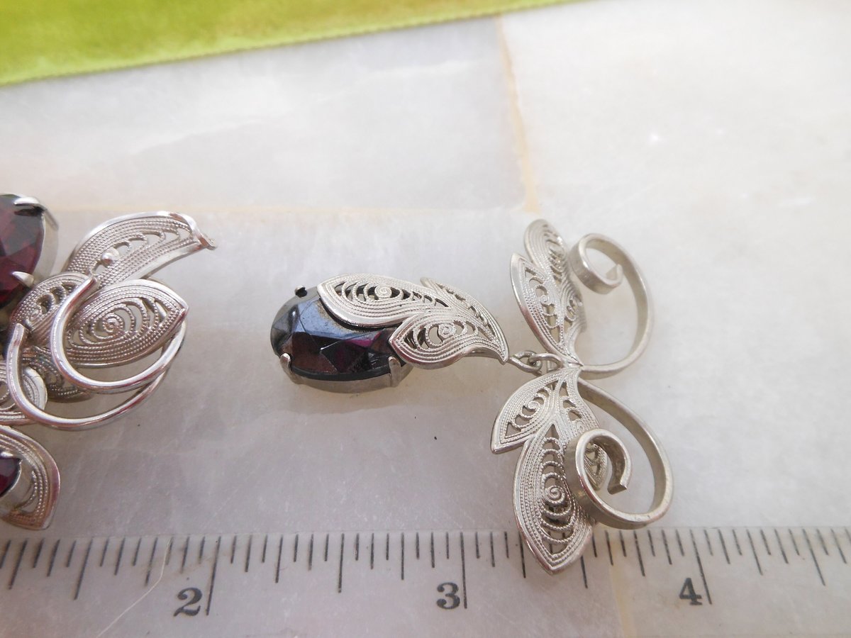 Vintage WEST GERMANY LOT 2 Crystal Brooch Flower Filigree Pin Purple Black Rhinestone Designer Jewelry Mid Century Gift, VivianJoel.com