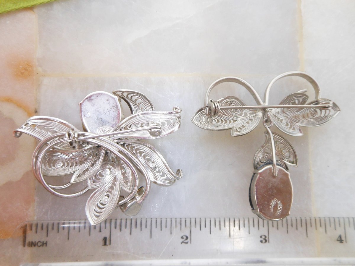 Vintage WEST GERMANY LOT 2 Crystal Brooch Flower Filigree Pin Purple Black Rhinestone Designer Jewelry Mid Century Gift, VivianJoel.com