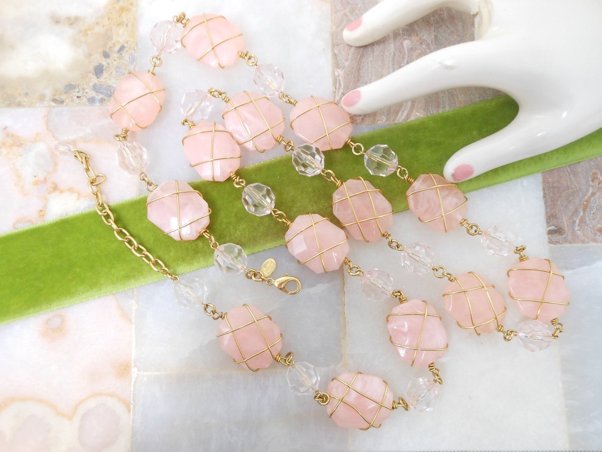 Vintage JOAN RIVERS Necklace Pink Caged Chain Designer Bead Acrylic Lucite Bead Statement Runway Jewelry Gift, VivianJoel.com