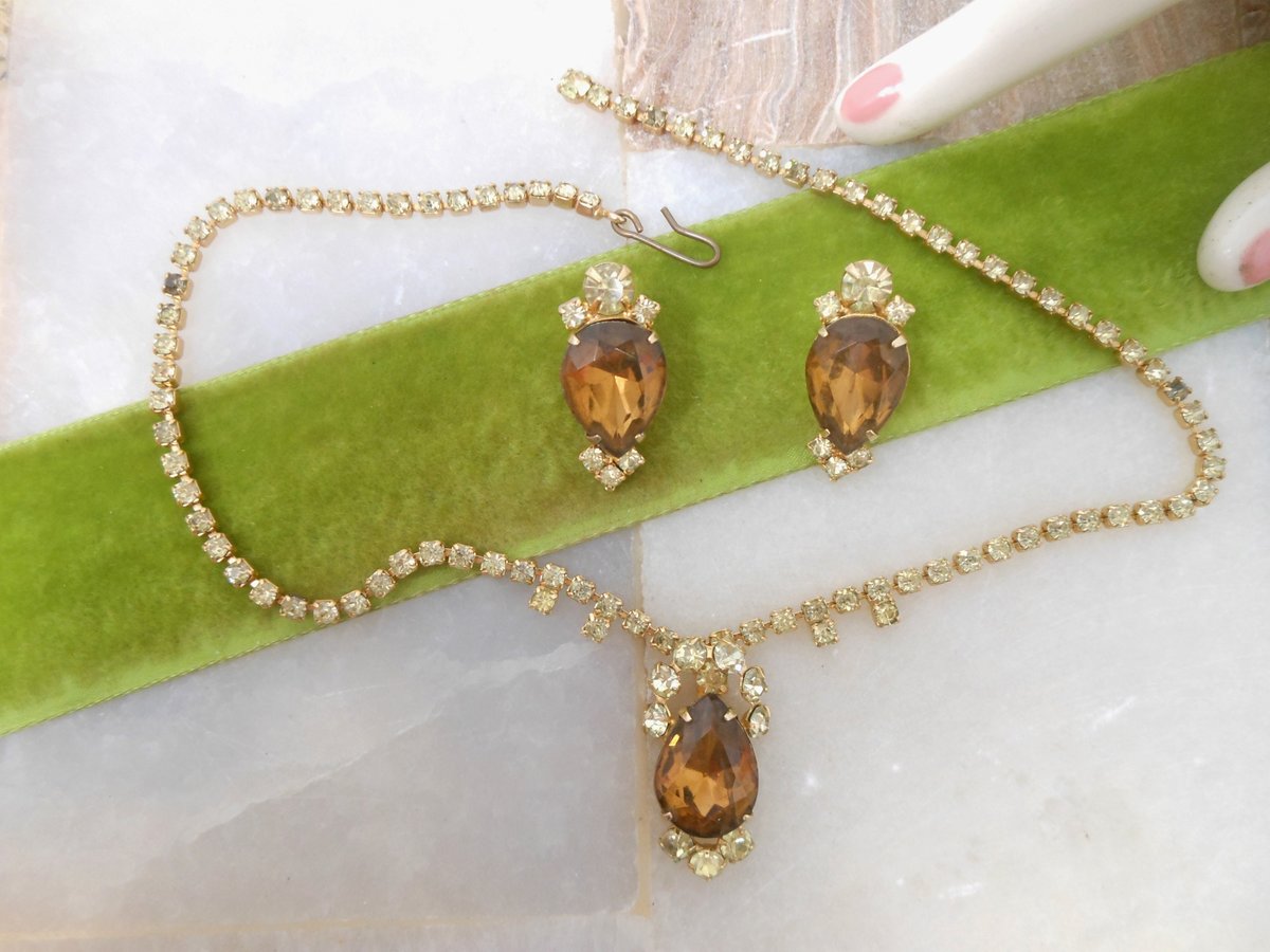 Vintage Topaz Necklace Earrings Set Crystal Rhinestone Demi Parure Mid Century Pin Up Regency Revival Jewelry *as is*, VivianJoel.com