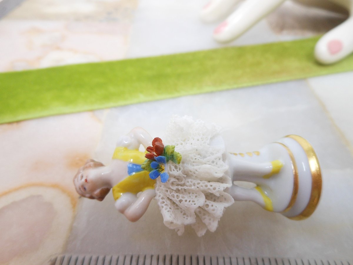 Vintage Dresden Germany Miniature Porcelain Figural Lady Girl Figurine Lace Skirt Dancer *Tattered As Is* Mid Century, VivianJoel.com