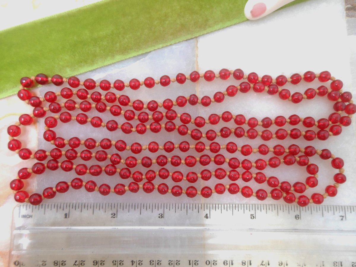 Vintage Cherry Red Flapper Glass Necklace Bead Art Deco Hand Knotted Long 60" Mid Century Jewelry Gift,  VivianJoel.com