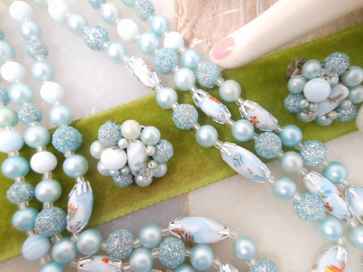 Vintage Millefiori Sugar Bead Necklace Earring Set Blue Glass Plastic 3 Strand Bib Retro Pin Up Jewelry Mid Century, VivianJoel.com