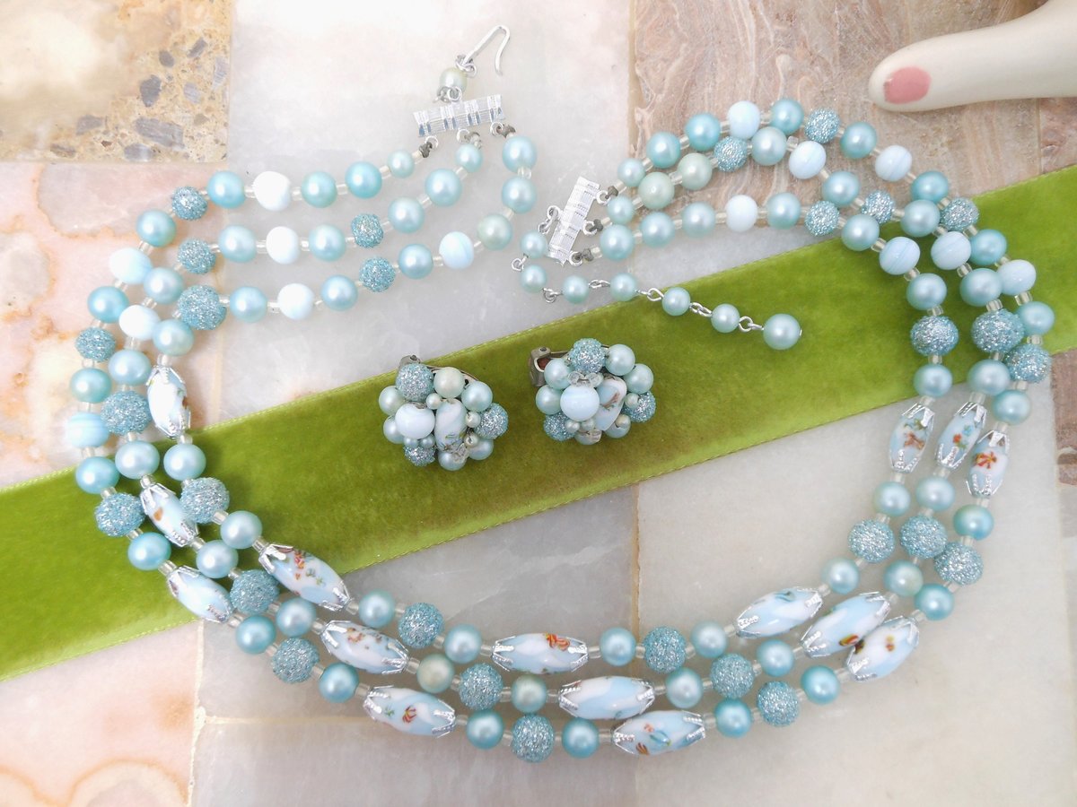 Vintage Millefiori Sugar Bead Necklace Earring Set Blue Glass Plastic 3 Strand Bib Retro Pin Up Jewelry Mid Century, VivianJoel.com