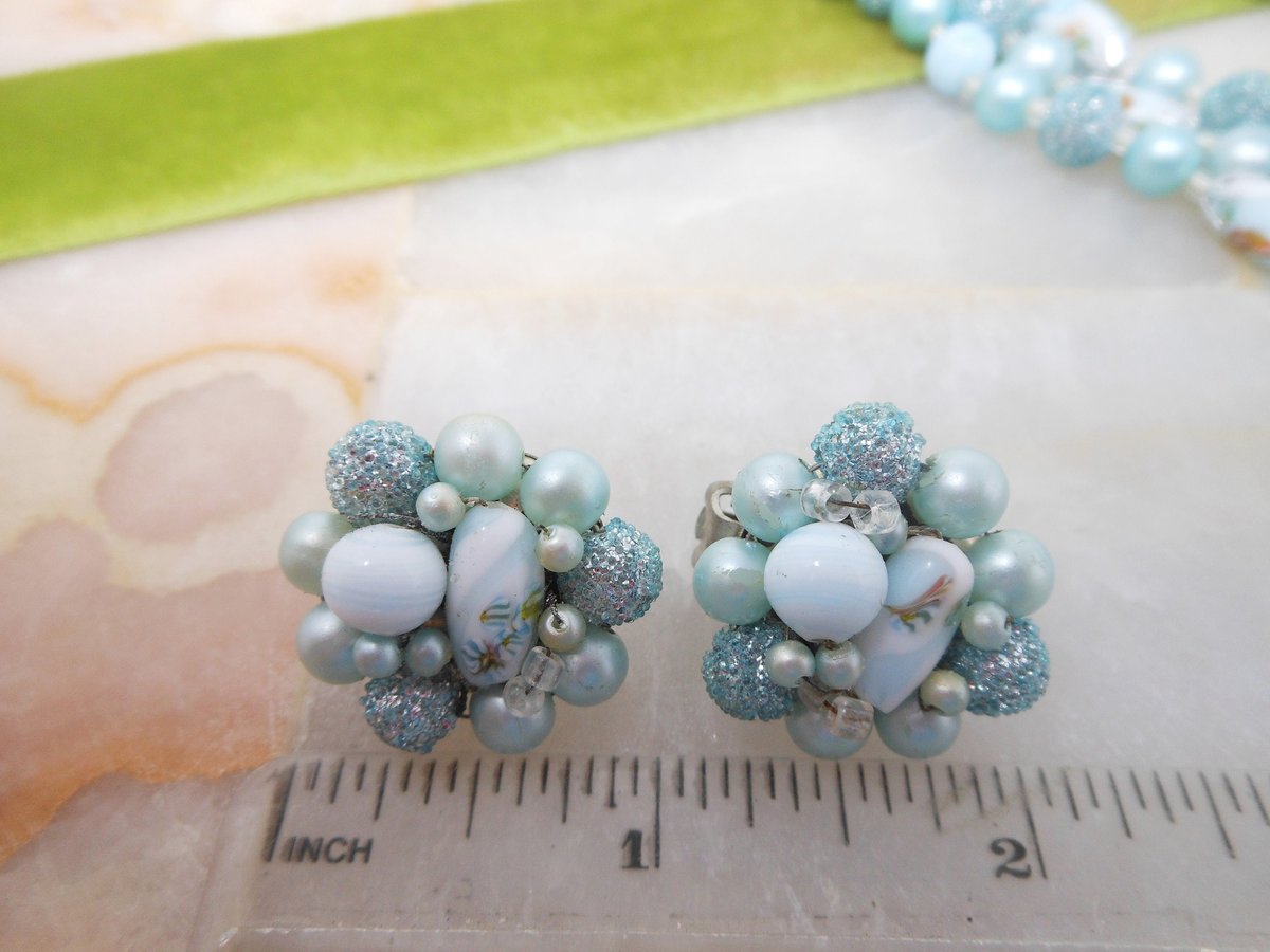 Vintage Millefiori Sugar Bead Necklace Earring Set Blue Glass Plastic 3 Strand Bib Retro Pin Up Jewelry Mid Century, VivianJoel.com