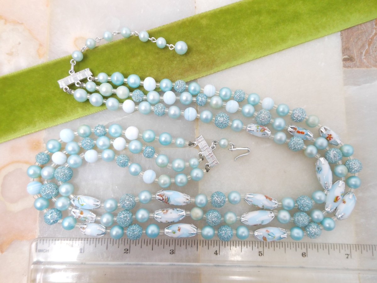 Vintage Millefiori Sugar Bead Necklace Earring Set Blue Glass Plastic 3 Strand Bib Retro Pin Up Jewelry Mid Century, VivianJoel.com