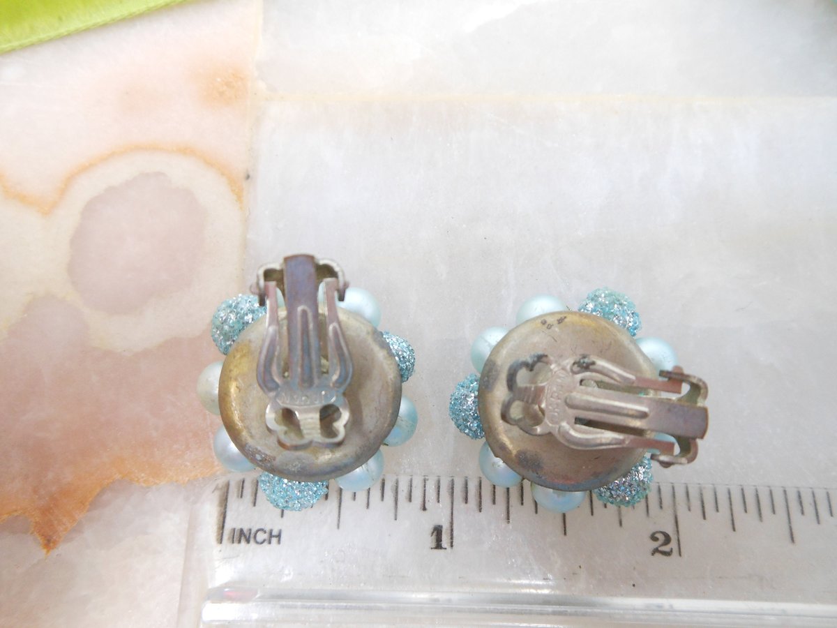 Vintage Millefiori Sugar Bead Necklace Earring Set Blue Glass Plastic 3 Strand Bib Retro Pin Up Jewelry Mid Century, VivianJoel.com