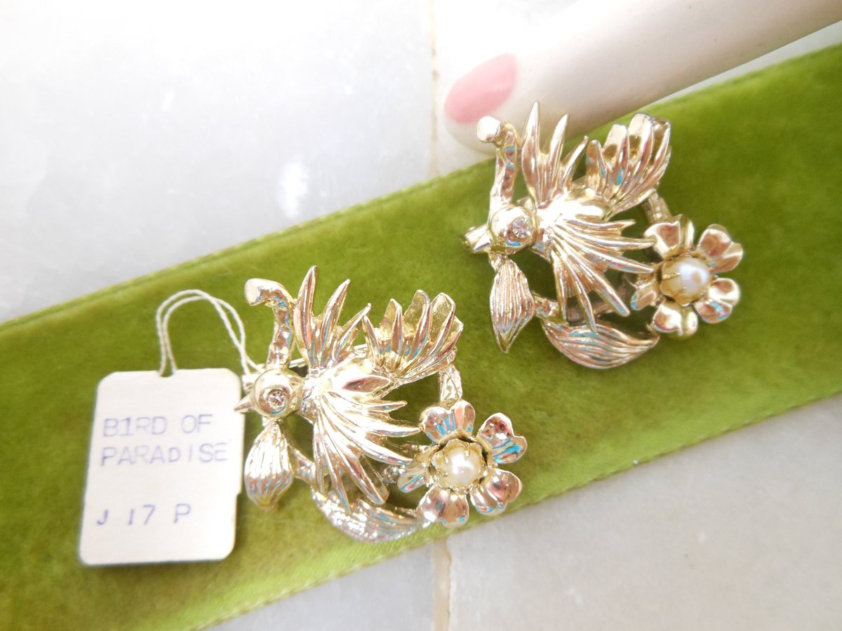 Vintage Bird Scatter Pin Faux Pearl Brooch Set Rhinestone Flower Kitsch Mid Century NOS Jewelry Gift, VivianJoel.com