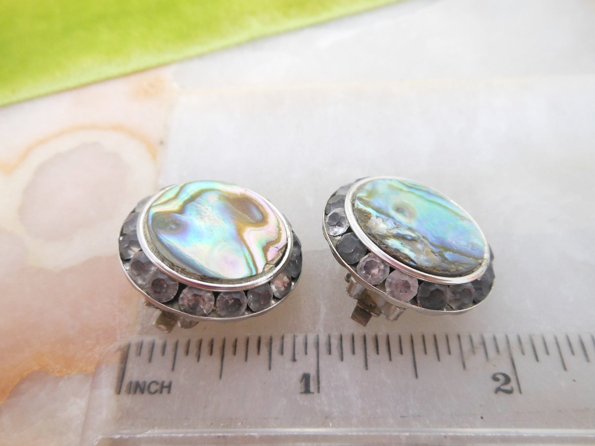 Vintage Cufflinks Earrings Sweetheart Set Cuff Links Art Deco Abalone Shell Rhinestone Beach His Hers Jewelry Mid Century, VivianJoel.com