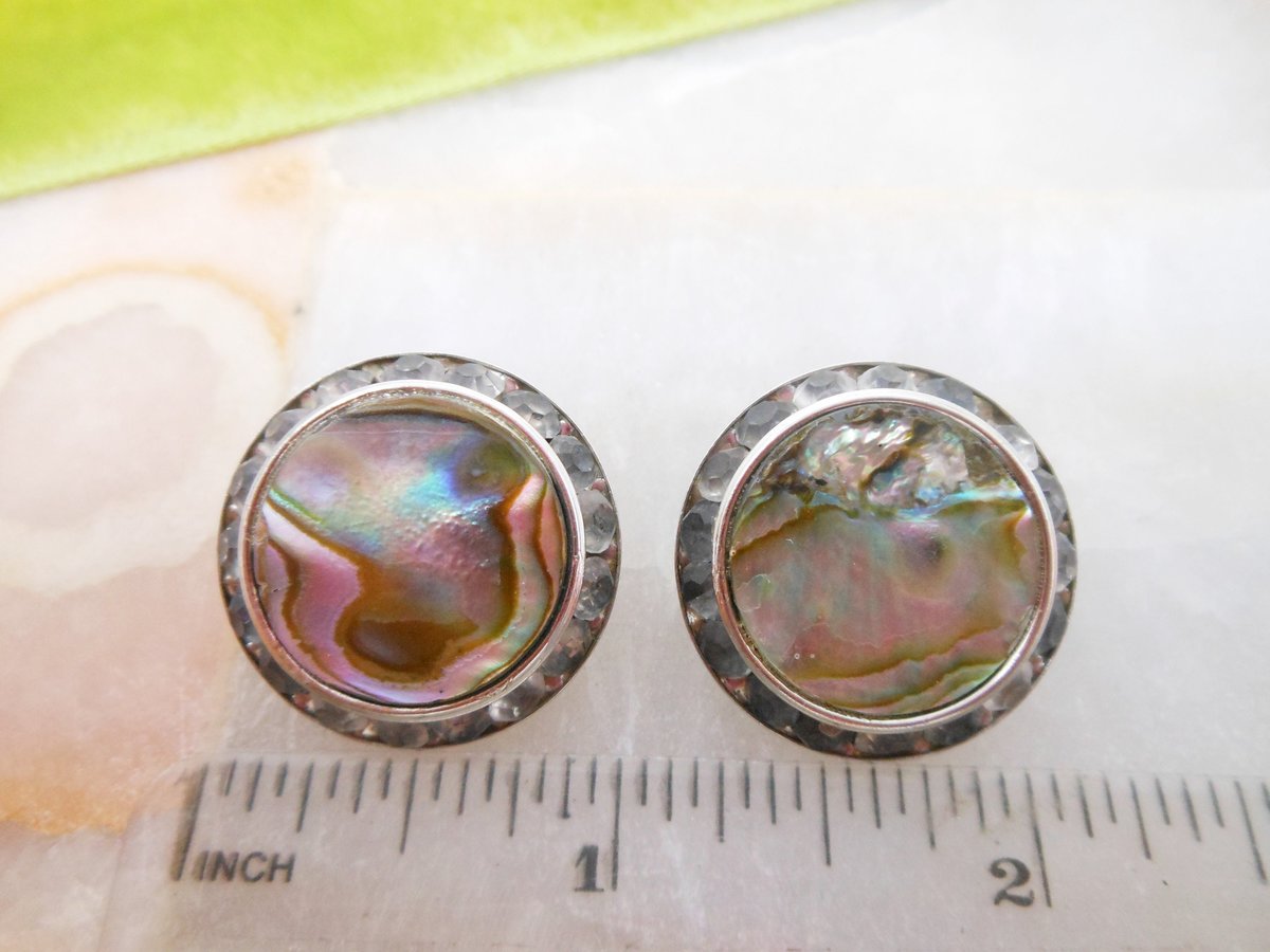 Vintage Cufflinks Earrings Sweetheart Set Cuff Links Art Deco Abalone Shell Rhinestone Beach His Hers Jewelry Mid Century, VivianJoel.com