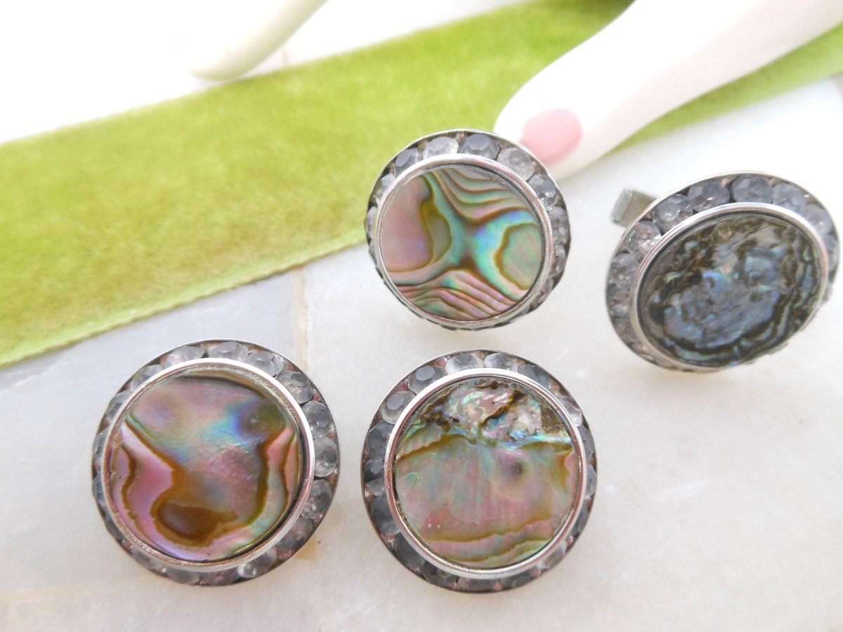 Vintage Cufflinks Earrings Sweetheart Set Cuff Links Art Deco Abalone Shell Rhinestone Beach His Hers Jewelry Mid Century, VivianJoel.com